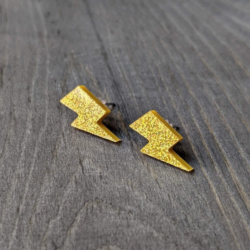 Sparkly Acrylic Lightning Bolts with Yellow Holographic Glitter Stud Earrings